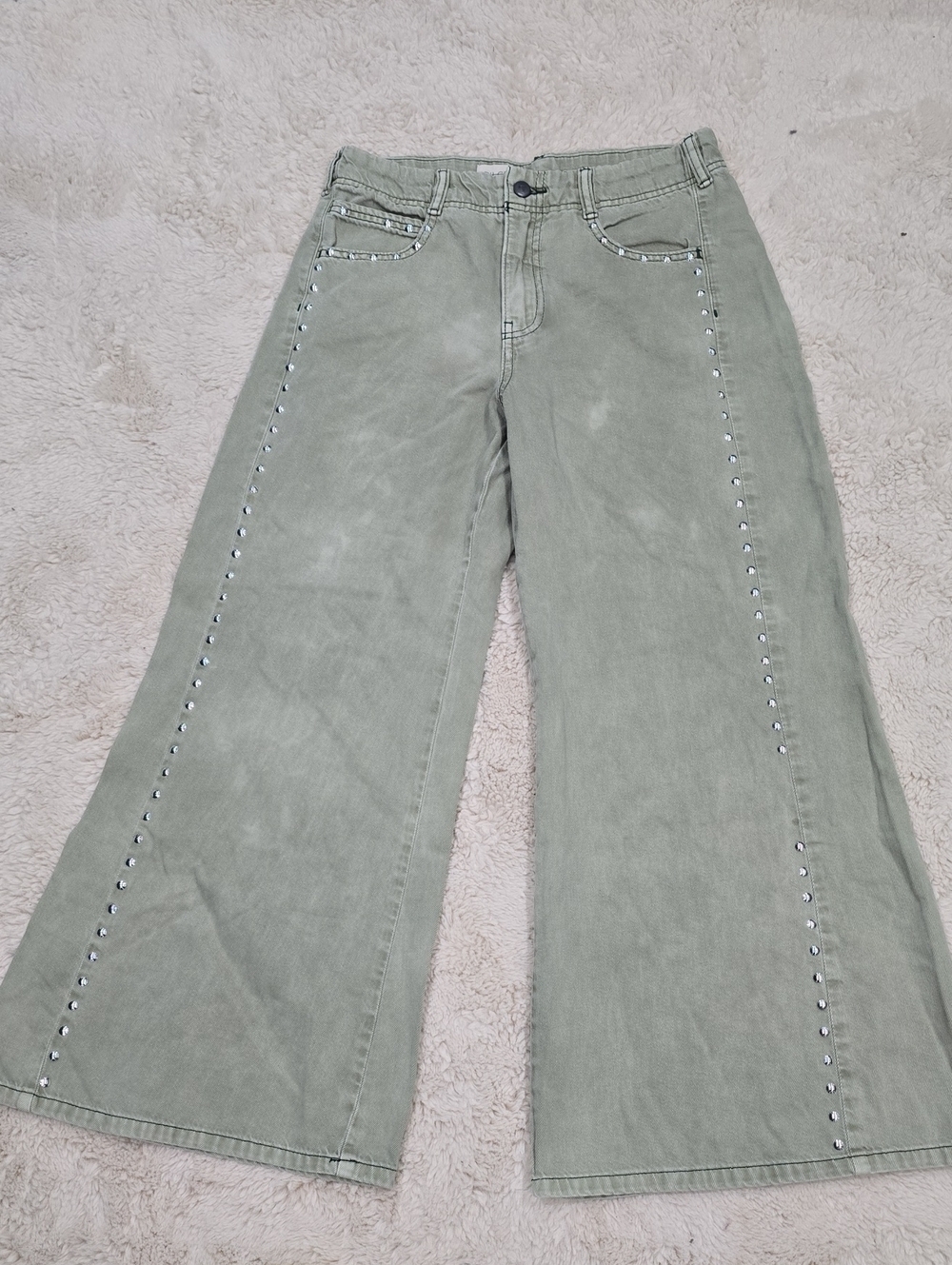 Pilcro Olive Green Wide-Leg Jeans with Stud Detailing